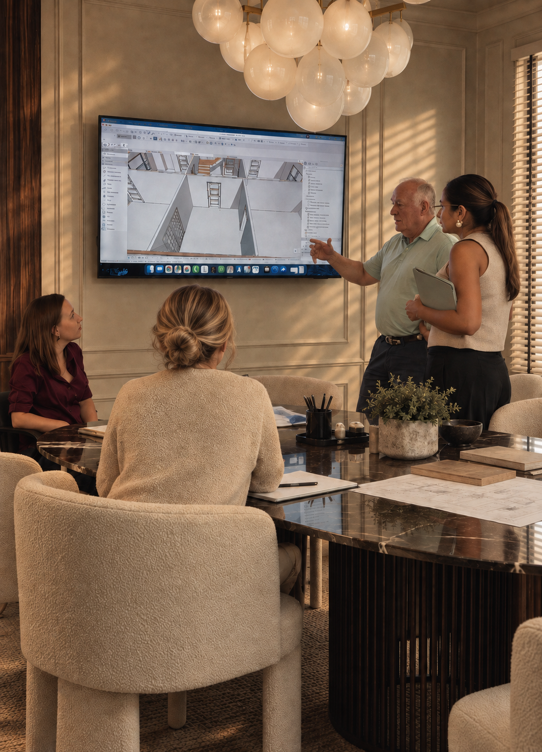 Hykal Homes team reviewing architectural design together in a conference room