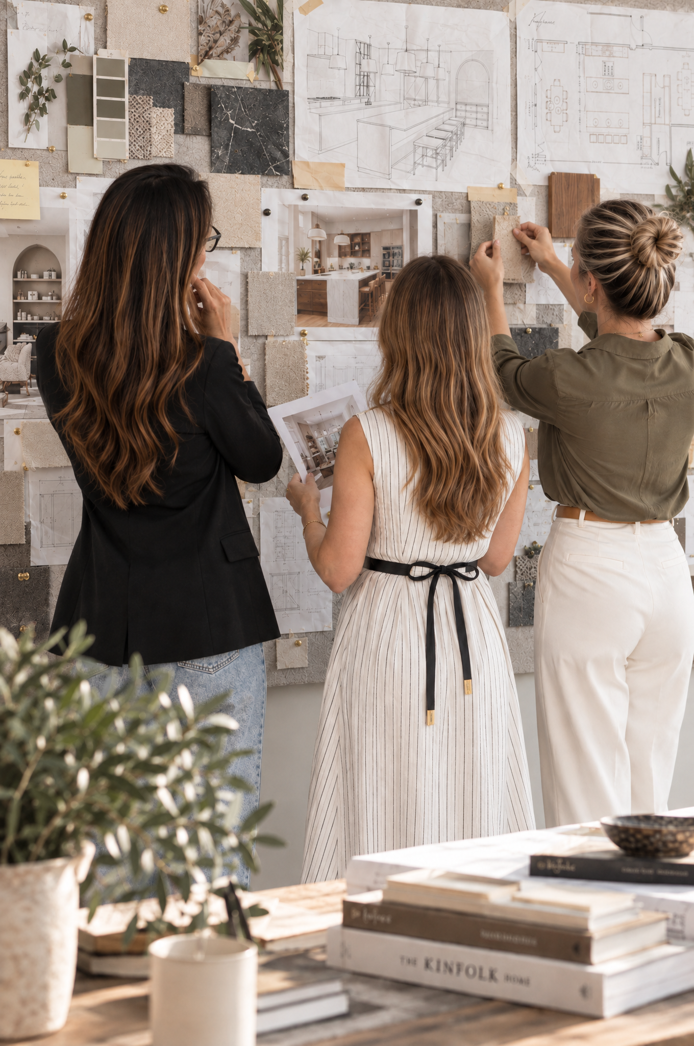 Three women collaborating on a home design project