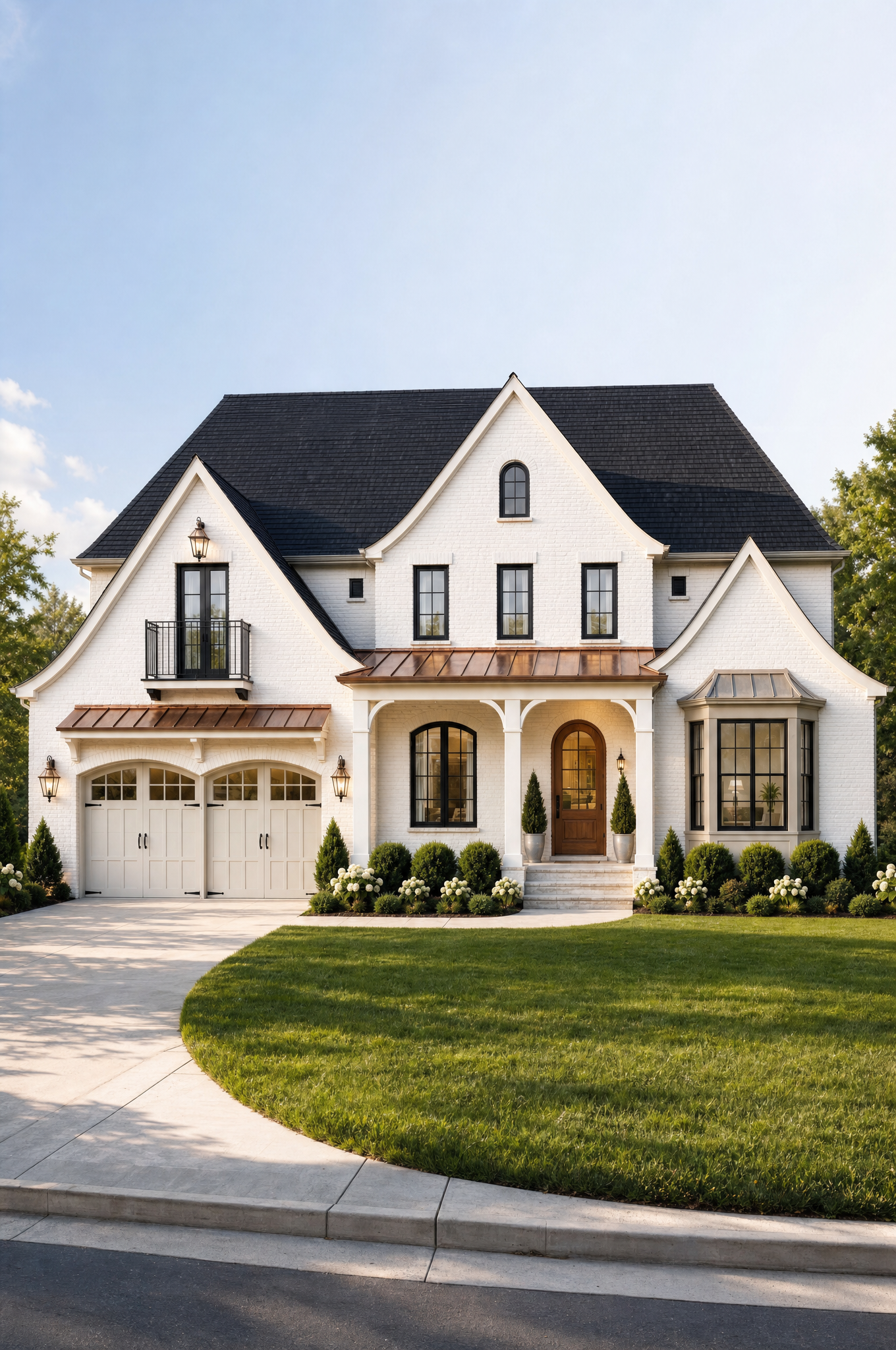 Modern white farmhouse exterior elevation with copper accents