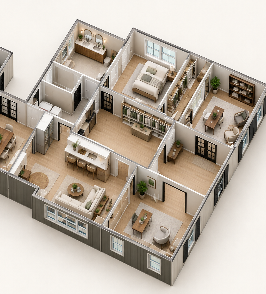 Isometric apartment floor plan with furniture layout